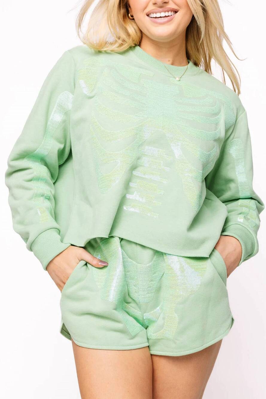 NEW QUEEN OF SPARKLES tonal skeleton shorts in light green